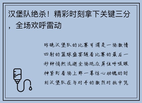 汉堡队绝杀！精彩时刻拿下关键三分，全场欢呼雷动